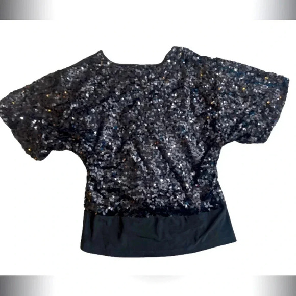 CATO BLACK SEQUIN TOP BATWING SLEEVE SCOOP NECK STRETCH SIZE LARGE - Picture 3 of 8